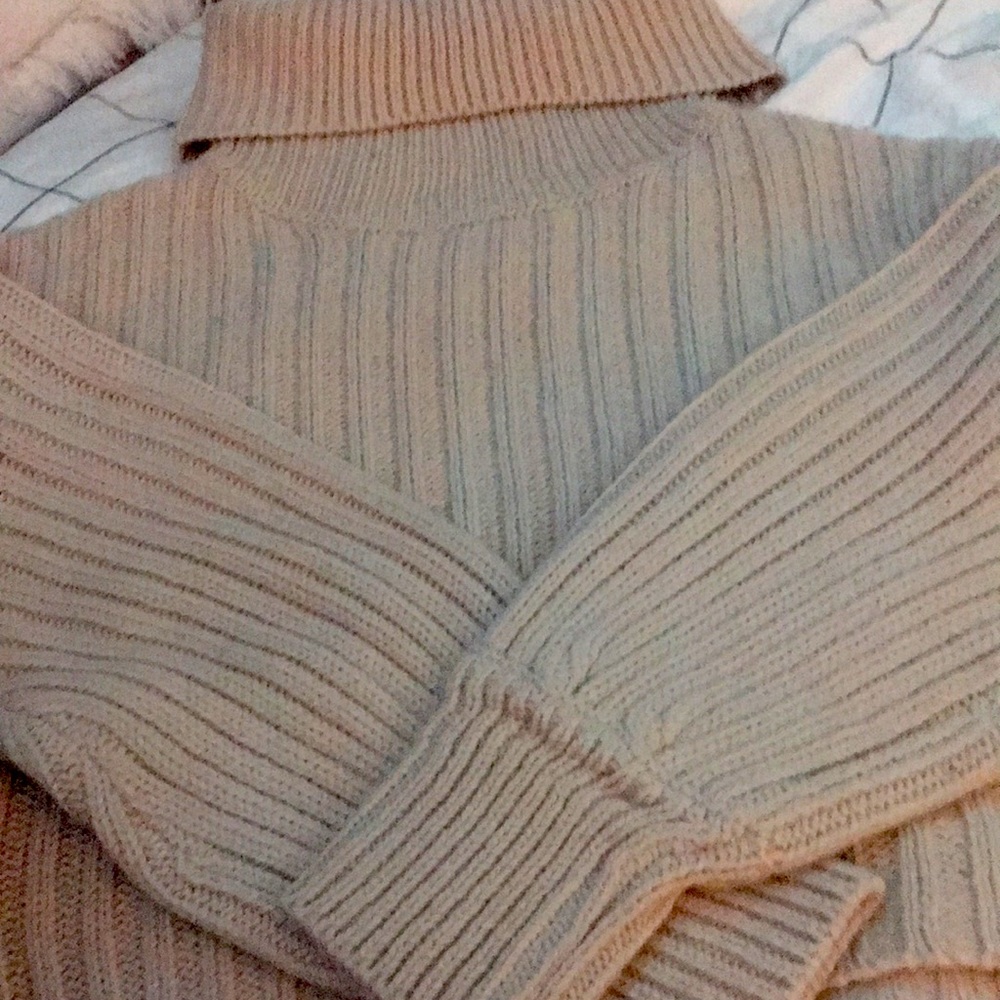 Beige knitted cropped turtle neck sweater.
